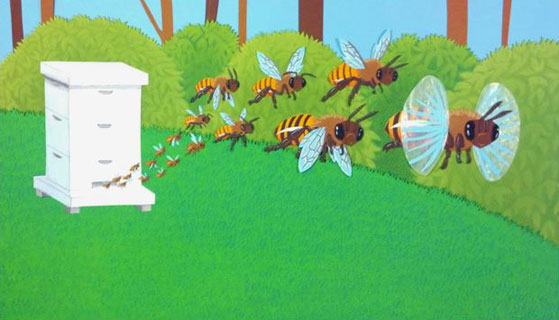 The rest of the bees fly to the flowers