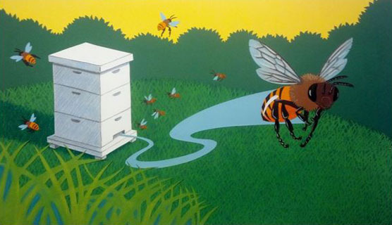 Bee flying from hive